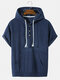 Mens Solid Color Half Button Corduroy Casual Short Sleeve Hooded T-Shirts - Dark Blue