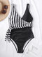 Women Striped Patchwork Wrap Knot Side One Piece Wide Straps Swimsuit - Black