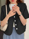 女性用ソリッドボタンポケット半袖Vネックブレザー - 黒