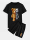 Mens Mechanical Bear Print Short Sleeve Drawstring Pocket Two Piece Outfits - Black