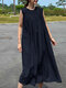 Solid Ruched Sleeveless Round Neck Casual Midi Dress - Navy
