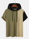 Mens Letter Print Contrast Patchwork Short Sleeve Hooded T-Shirts - Army Green