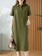 Сплошной карман с отворотом и коротким рукавом Винтаж Рубашка Платье - Темно-зеленый