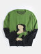 Mens Knit Abstract Figure Pattern Cotton Pullover Casual Round Neck Sweaters - Green