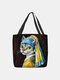Women Pearl Girl Cat Pattern Print Shoulder Bag Handbag Tote - Black