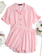 Solid Color Lapel Short Sleeve Plus Size Home Shirt Suit - Pink