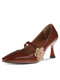 Women Retro Elegant Embellished Date Shoes Comfy Hasp Mary Jane Heels - Dark Brown