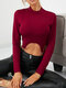Solid Color Metallic Buckle Long Sleeve Crop Top For Women - Wine Red