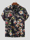 Mens Allover Floral Print Half Button Cotton Henley Shirt - Navy