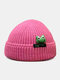 Unisex Knitted Solid Color Cartoon Frog Doll Decoration Letter Label Fashion Warmth Brimless Beanie Landlord Cap Skull Cap - Rose