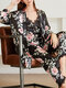 3Pcs Women Faux Silk Floral Print Lace Up Smooth Pajamas Sets With Tops - Black