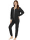 Plus Size Women Thickened Onesie Zip Down Hooded Solid Color Jumpsuits Pajamas - Black