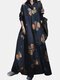 Vintage Floral Printed Big Swing Long Sleeve Pure Cotton Dress - Navy