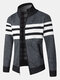 Mens Knitted Stripe Zip Front Stand Collar Casual Warm Cardigans - Dark Gray
