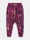 Mens 100% Cotton Ethnic Style Vintage Printed Elastic Waist Loose Harem Pants - Red