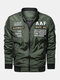 Mens Letter Embroidered Stand Collar Zipper Up Causal Varsity Jacket - Army Green