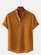 Mens Breathable Flax Stand Collar Short Sleeve Solid Henley Shirt - Brown