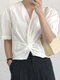 Solid Color Twist Pleats Knot Back Zipper Elegant Blouse - White