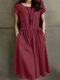Leisure Solid Pocket Drawstring Short Sleeve Cotton Midi Платье - Красное вино