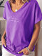 Letter Print V-neck Short Sleeve Loose Casual T-shirt For Women - Purple