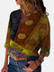 Vintage Print Contrast Color Patchwork Long Sleeve Blouse For Women - Yellow
