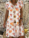 Floral Print Short Sleeve V-neck Loose Dress For Women - Orange