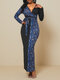 Leopard Printed Long Sleeve V-neck Patchwork Maxi Dress With Belt - Blue