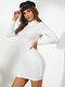 الصلبة عارية الذراعين وهمية الرقبة كم طويل مثير Bodycon فستان قصير متماسكة - أبيض