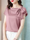 Satin Solid Tie Шея Шифоновая блузка с короткими рукавами - Розовый