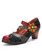 Socofy Genuine Leather Hook & Loop Comfy Retro Colorblock Floral Decor Mary Jane Heels - Red