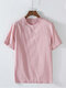 Mens Cotton Linen Thin Breathable Patchwork Short Sleeve T-Shirt w Zipper - Pink