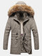 Mens Winter Thicken Woolen Lined Detachable Faux Fur Collar Warm Hooded Overcoat - Khaki