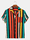 Mens Colorful Stripes Print Loose Casual Designer Short Sleeve Shirts - Red