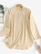 Floral Embroidery Stand Collar Button Long Sleeve Blouse - Cáqui