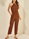 Solid Color Pocket Off-shoulder Long Sleeveless Casual Jumpsuit for Women - Brown