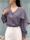 Ruffle Solid Long Sleeve V-neck Button Front Blouse - Purple