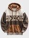 Hoodies masculinos com estampa geométrica étnica patchwork canguru bolso com cordão e capuz inverno - Café