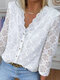 Solid Lace Button V-neck Long Sleeve Blouse For Women - White