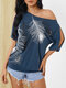 Feather Print Cold Shoulder Cut Out Short Sleeve T-shirt - Navy