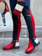 Large Size Women Color Block Buckle Design Side-zip Comfy Over The Knee Boots - Black & Red