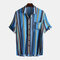 Mens Summer Striped Printed Chest Pocket Turn Down Collar Short Sleeve Breathable Loose Casual Shirt - Blue