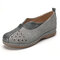 LOSTISY Splicing Hollow Out V Shape Veins Pattern Slip On Flat Shoes - Gray