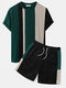Mens Knitted Contrasting Color Stitching Short Sleeve Two Pieces Outfits - Green