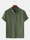 Mens Solid Color Cotton Linen Stand Collar Casual Short Sleeve Henley Shirts - Green