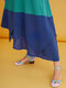Double Layers Patchwork O-neck Casual Cotton Dresses - Blue