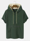 Mens Letter Print Kangaroo Pocket Cotton Short Sleeve Hooded T-Shirts - Dark Green