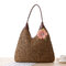 Women Straw Beach Bag Pastoral Flower Shoulder Bag Solid Tote Bag - Brown