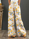 Pantalon droit à taille avec cordon de serrage, imprimé Floral aquarelle pour femmes - Jaune
