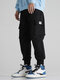 Mens Solid Color Applique Street Cuffed Cargo Pants With Pocket - Black