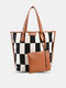 Women Faux Leather Fashion Black and White Lattice Pattern Color Matching Handbag Tote - White